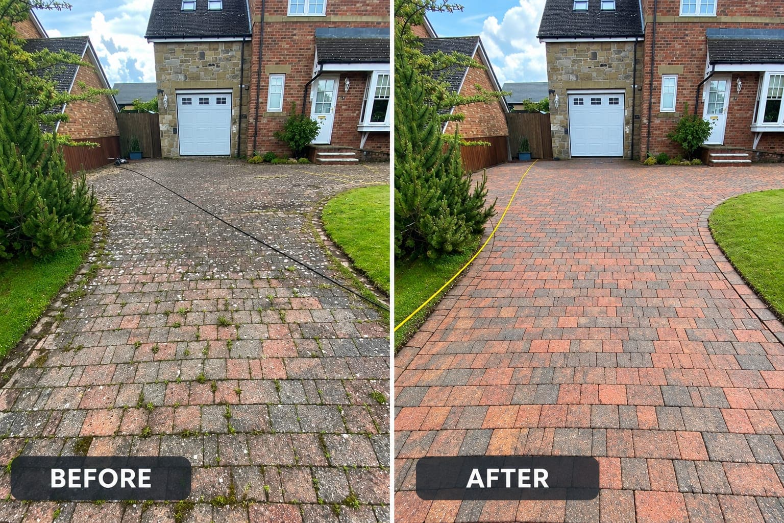 Block paved driveway before and after cleaning in Dublin