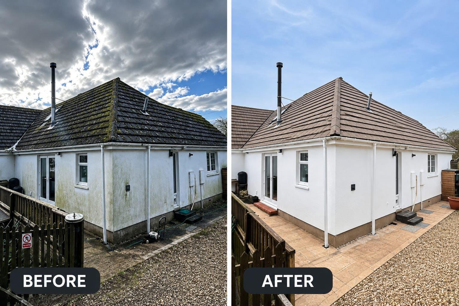 Bungalow roof before and after cleaning in Dublin